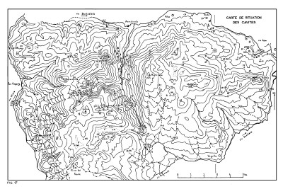 La carte de situation des cavités du premier inventaire rédigé par Claude Mugnier. L'échelle et la qualité très médiocre de la cartographie ne permettent pas un positionnement correct des cavités.